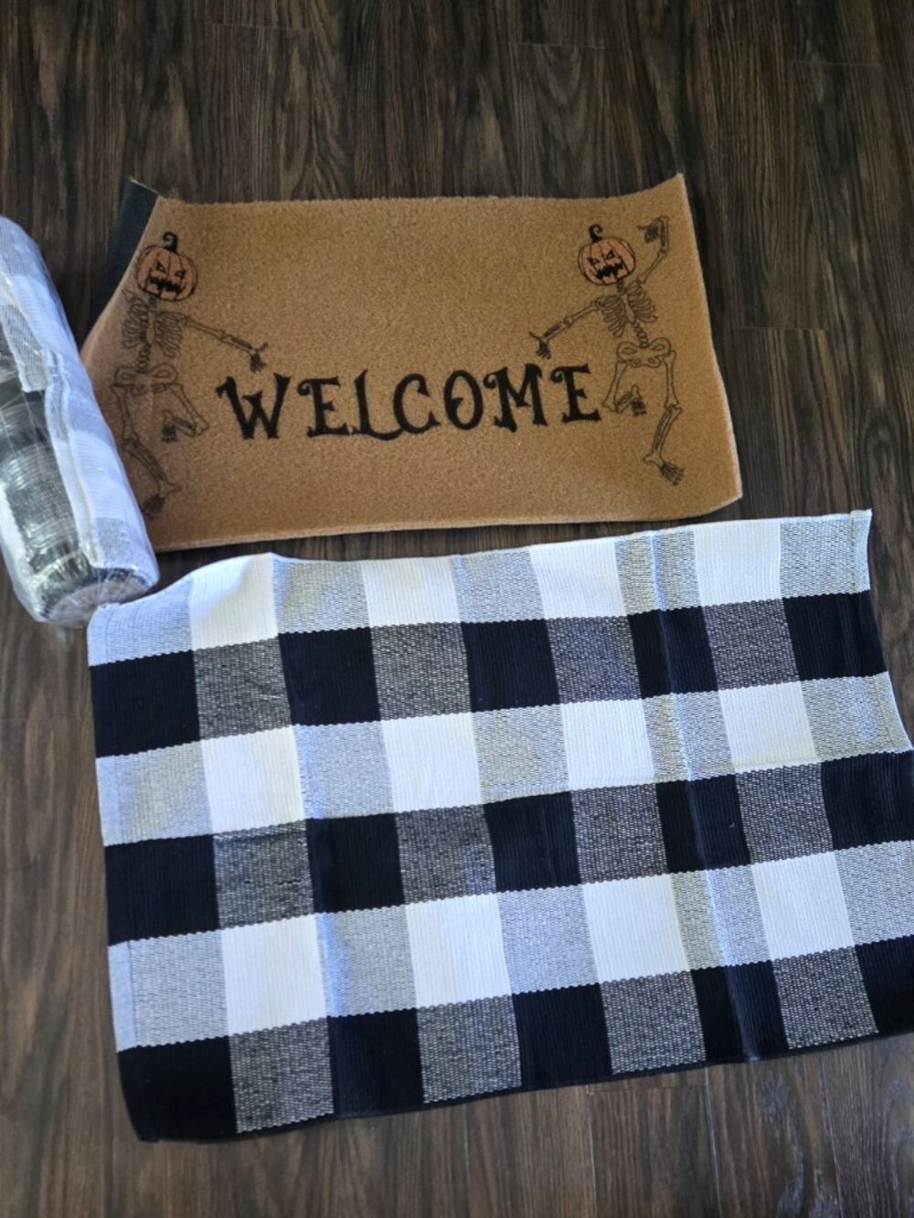 WELCOME Halloween-Themed Door Mat w/ Black & White Plaid Area Rug NEW!